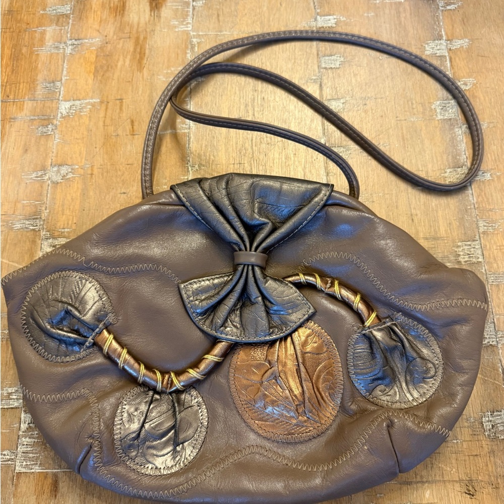 Vintage Brown Leather Shoulder Bag with Patchwork and Tan Metallic Accents